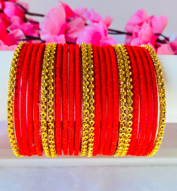 Two dozen velvet glass bangles with gold bangles red(24 bangles)