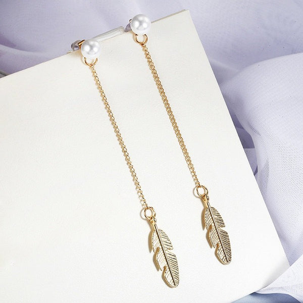 Feather leaf pearl gold plated personalised long drop earrings