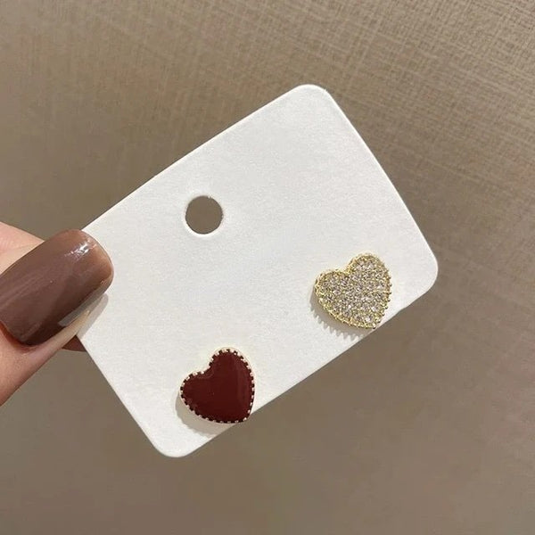 Cute heart mismatch red with zircon stone stud earrings
