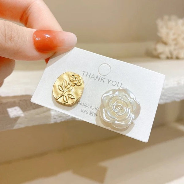 Exquisite Asymmetric Rose Flowers Imitation Pearl Stud Earrings for Women