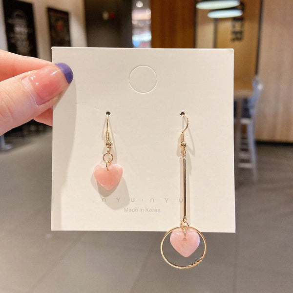 Gold plated Pink Love heart mismatch drop earrings