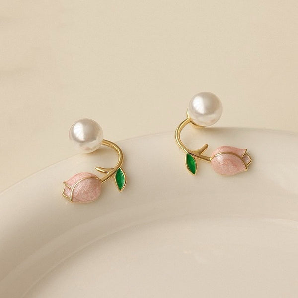 Trendy Elegant Pink Tulip Flower Pearl Stud Earrings