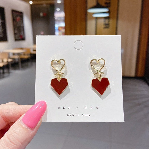 Trendy Korean style gold plated red heart drop earrings