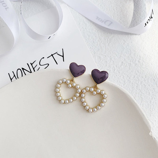 Korean type Red heart with pearl heart drop earrings