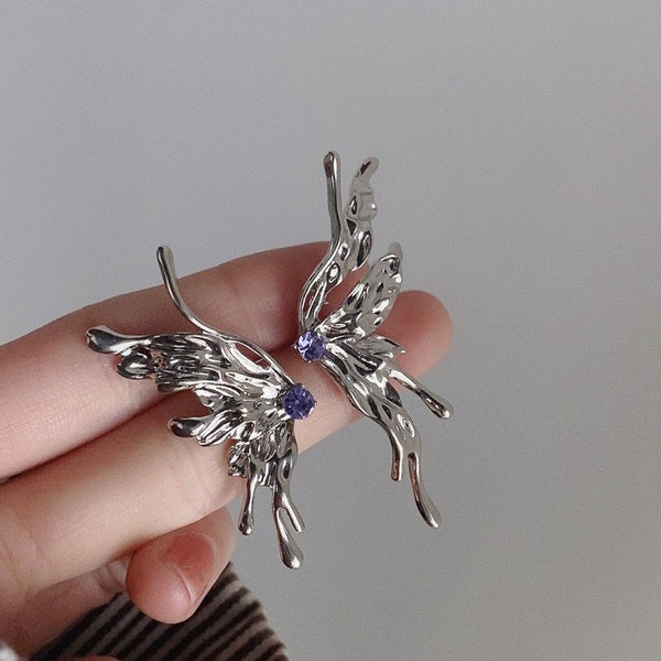 Korean style Metal asymmetric butterfly purple zircon earrings