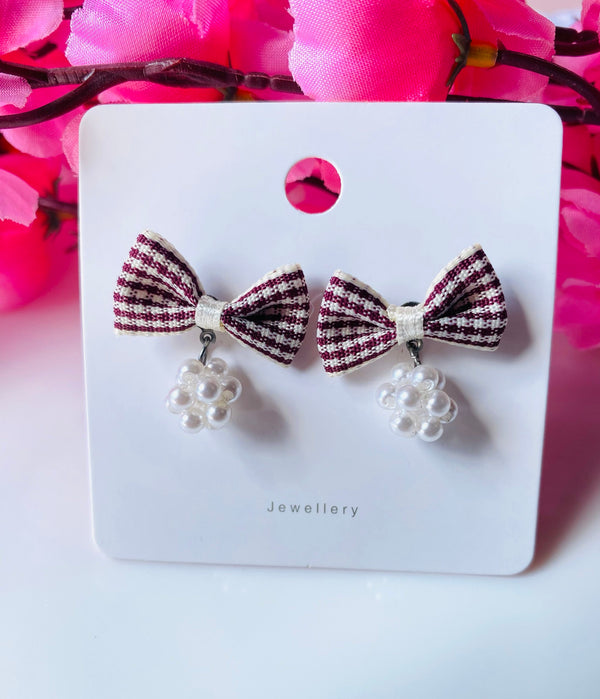 Korean style Cloth bow knot with hanging pearls earrings