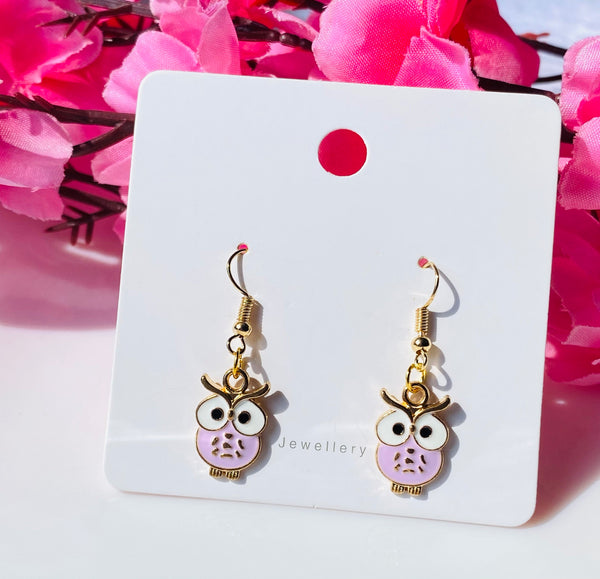 Gold plated pink owl hook earrings