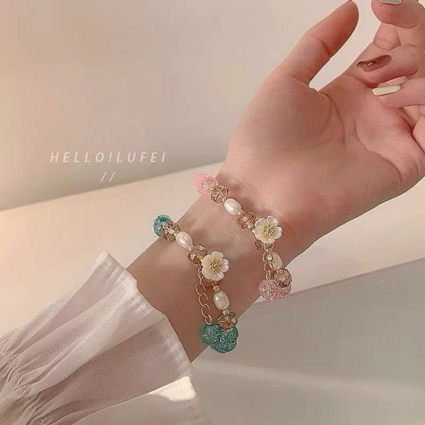 Korean style cute flower glass beaded pearl women’s bracelet