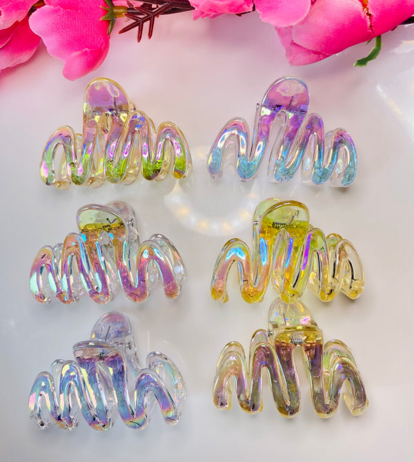 Transparent glossy multicolour wave claw clip