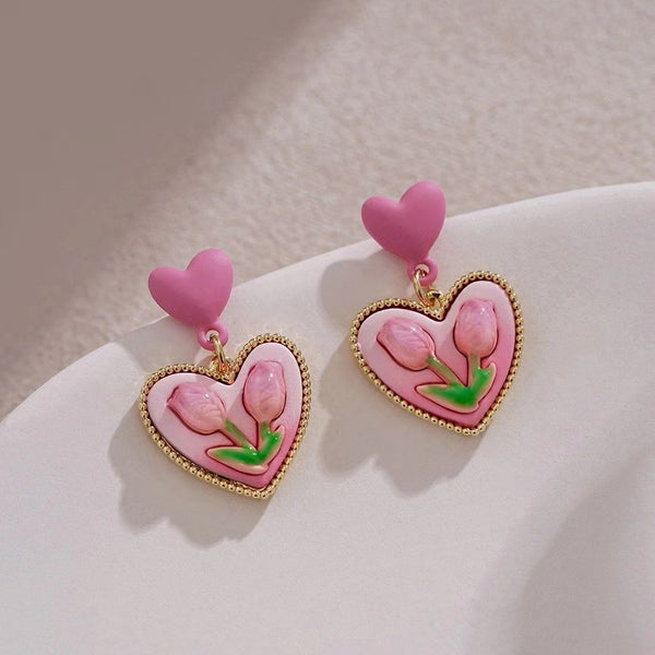 Korean style tulip flower with pink plated earrings