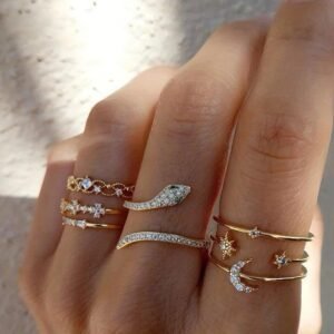 snake moon gold plated ring set - 7 pcs