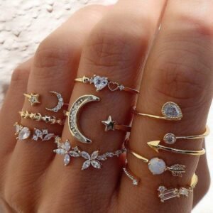classic style star moon gold plated rhinestone ring set 9 pcs
