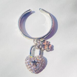 cute heart lock and flower hanging adjustable ring