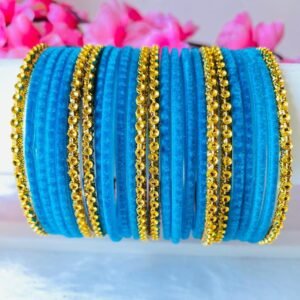 light blue velvet glass bangles with golden bangles (2 dozen)