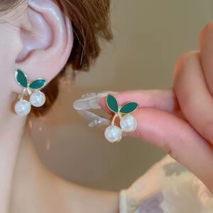 Elegant Pearl Cherry Leaf Stud Earrings