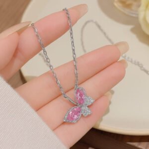 Pink Butterfly Stainless Steel Necklace Earrings