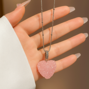 Crystal Pink Heart Stainless Steel Necklace Earrings