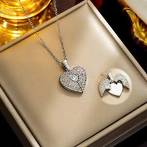 Stainless Steel Opening Angel Wings Heart Pendant Necklace Earrings