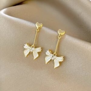 Korean Style Gold Plated With White Bow Earrings
