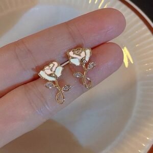 Gold Plated White Rose Stud Earrings