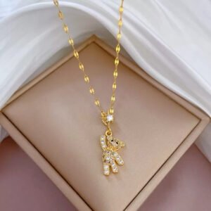 Cute Gold Bear Ad Stone With Gold Plated Necklace Earrings