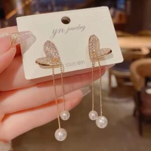 Love Heart Pearl Chain Tassel Earrings