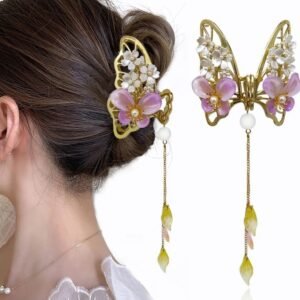 Golden Large Metal Rhinestone Butterfly Floral Tussle Hair Clutcher Hair Claw Hair Accessories For Women Girls Earrings