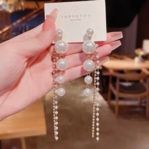 French style pearl with rhinestone tassel earrings