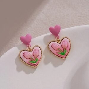 Korean style tulip flower with pink plated earrings