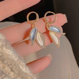 Korean style two leaf alloy diamond drop earrings