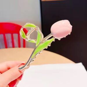 Large Pink tulip enamel metal claw clip