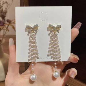Simple style bow knot pearl alloy rhinestone drop earrings